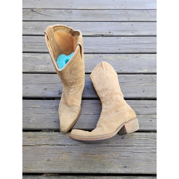 Vintage Shoes - 90s y2k Rocket Dog Cowboy Boots Tan Suede Western Pointed Toe Stitching Size 7.5